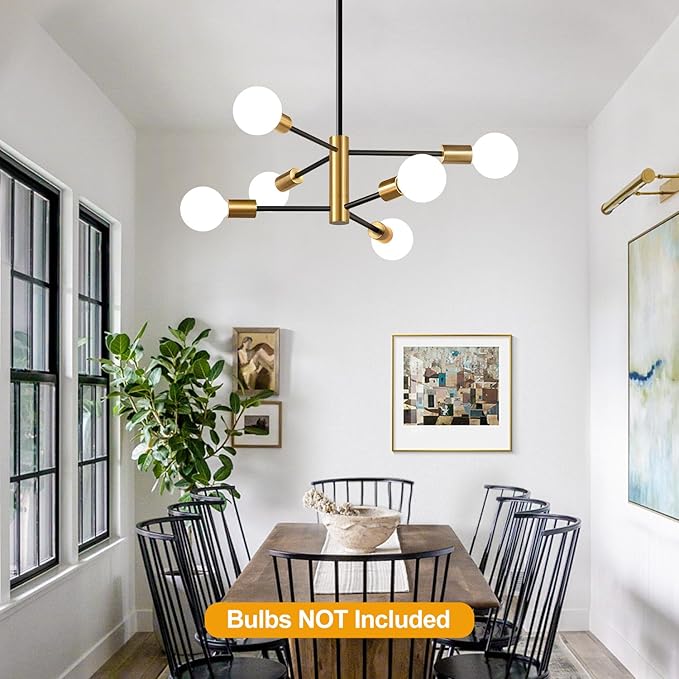 30" Chandelier Dining Room Light Fixture, 6-Light Modern Sputnik Chandeliers Brushed Gold and Black Mid Century Chandelier Over Table, Height Adjustable Chandeliers for Dining Room Living Room Kitchen