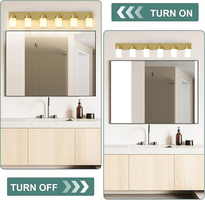 IZORRO Bathroom Vanity Light Fixture, 6-Light 46 Inch Gold Bathroom Light Fixtures Over Mirror, with White Glass Shade, Modern Farmhouse Vanity Lights, Rustic Restroom Lighting Fixtures