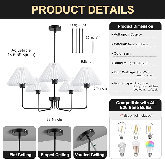 Farmhouse Chandelier, 5-Light Modern Chandelier with White Pleated Fabric Shades, Black Dining Room Light Fixture Chandelier for Dining Room Bedroom Hallway Kitchen Island, Height Adjustable