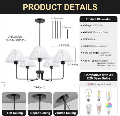Farmhouse Chandelier, 5-Light Modern Chandelier with White Pleated Fabric Shades, Black Dining Room Light Fixture Chandelier for Dining Room Bedroom Hallway Kitchen Island, Height Adjustable