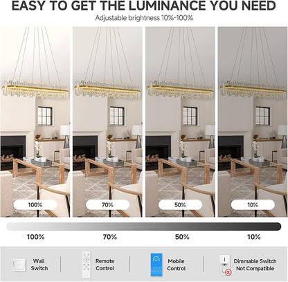 Gold Led Modern Crystal Chandelier: 52" Rectangle Linear 3 Color Dimmable Large Chandelier for Dining Room Over Table - Luxury Rectangular Contemporary Oval Light Fixture for Living Room Bedroom Foyer