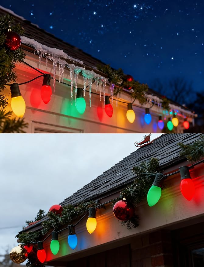 C9 Multicolor LED Christmas Light 25Ft Outdoor String Lights with 26 Plastic LED Bulbs(1 Spare), Connectable Vintage Christmas String Lights for Holiday Wedding Party Garden Home Decor, Green Wire