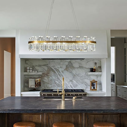 Modern Gold Crystal Led Chandelier: 39.3" Rectangular 3 Color K9 Living Room Dimmable Chandeliers - Luxury Rectangle Linear Crystals Contemporary Oval Light Fixture for Bedroom Entryway with Remote