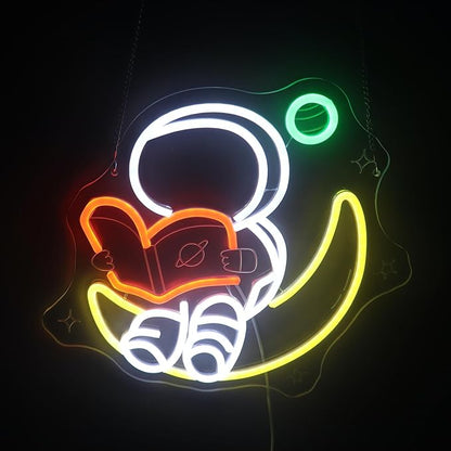 Nordstylee Astronaut Reading on Moon Neon Sign for Kids Room Study – Bookish LED Wall Art, Dimmable USB Space-Themed Decor, Unique Wall Hanging