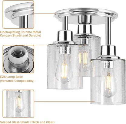 Semi Flush Mount Ceiling Light, 3-Light Close to Ceiling Light Fixtures, Electroplating Chrome Finish with Clear Seeded Glass Shade Chandelier Lighting for Stairs Porch Hallway Entryway Kitchen