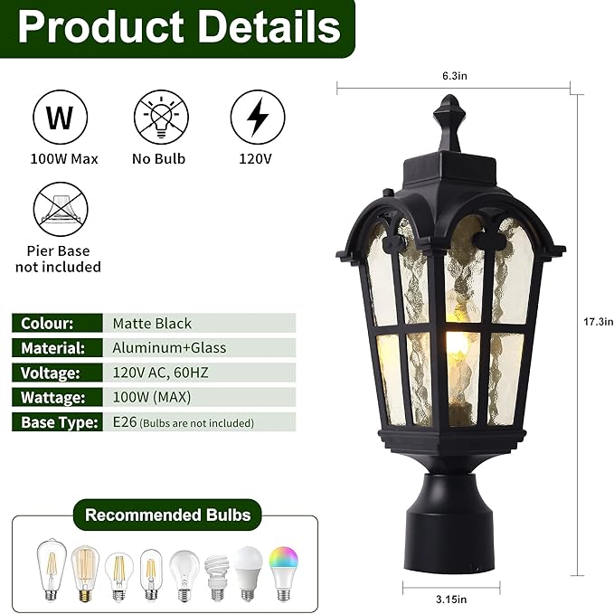 Outdoor Post Lights Fixture Anti-Rust Lamp Post Light Fixture Waterproof Exterior Pole Light Outside Pole Lighting for Yard Pathway Driveway Fence - 2 Pack