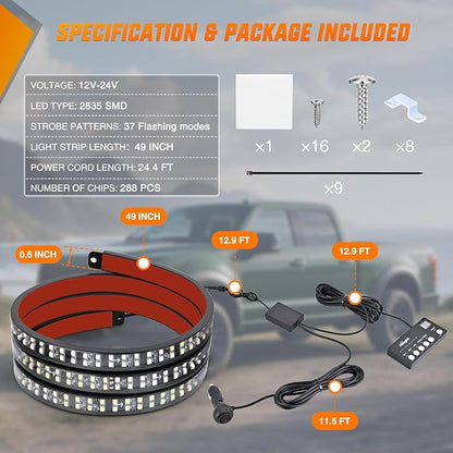 Nilight 49 Inch Emergency Strobe Light Strips with Controller, 288LED Flashing Warning Hazard Safety Rear Window Tailgate Lights for Truck Trailer Construction Plow Pickup Tow SUV Vehicles, Red White