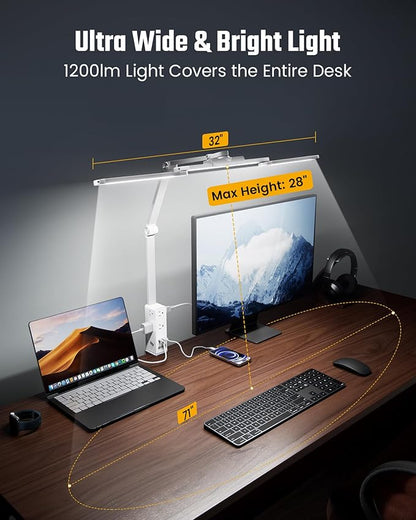 SUPERDANNY LED Desk Lamp with Power Strip (6 Outlets, 1 USB, 1 Type-C) for Home Office, Desk Light Computer Light with Clamp, Architect Desk Lamp with Smooth Dimming 5 Colors (White)