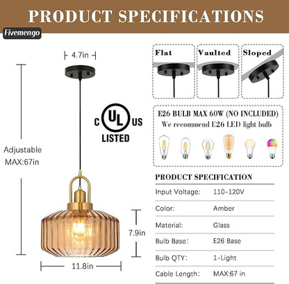 11.8in Mid Century Modern Amber Glass Pendant Light Fixture, Large Gold Kitchen Island Pendants Light Glass Ceiling Hanging Lamp for Foyer Dining Room Bedroom Entryway Hallway Over Sink