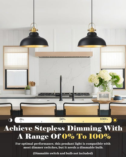 Black and Gold Pendant Light, 11.41 Inch Industrial Pendant Light Kitchen Island, Farmhouse Pendant Lights 2 Packs, Island Pendant Lights for Kitchen, Dining Room, Living Room