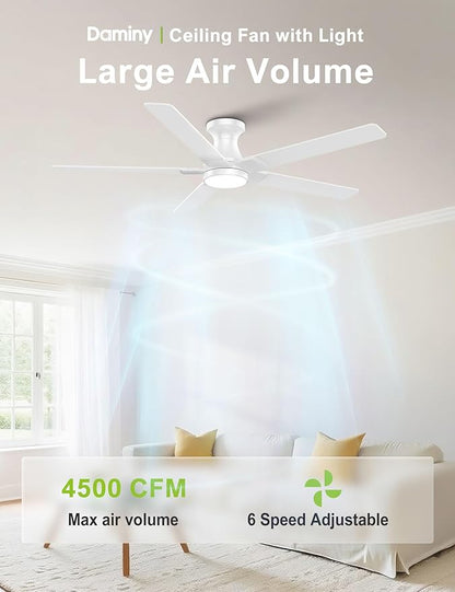 DAMINY 52 inch White Ceiling Fans with Lights,5 Blades,6CCT, Low Profile,Remote Control,for Bedroom, Kitchen,Living Room,Indoor/Outdoor Use,Flush Mount