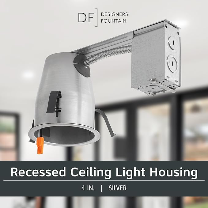 Designers Fountain LED Recessed Ceiling Light Housing, 4 Inch IC Rated Shallow Remodel Can Housing for Recessed Lights with Hanger Bar, Silver Trim, EVR2000LR