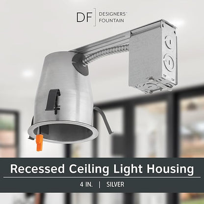 Designers Fountain LED Recessed Ceiling Light Housing, 4 Inch IC Rated Shallow Remodel Can Housing for Recessed Lights with Hanger Bar, Silver Trim, EVR2000LR
