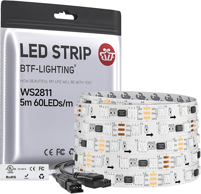 BTF-LIGHTINGWS2811 IC=RGB+IC Addressable Color RGB LED Strip,16.4FT 60LED/m 10Pixels/m,IP30 White PCB,UL Listed,Flexible DC12V Chasing Effect for Indoor Home Decor,3M Tape(No Adapter or Controller)