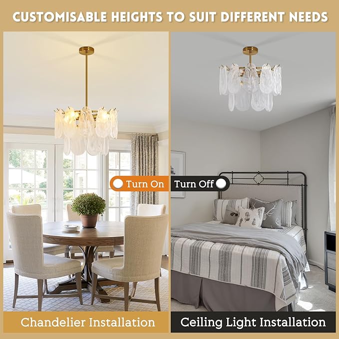 Modern Gold Cloud Glass Chandeliers, 15.7 Inches Creative Crystal Pendant Ceiling Fixture, 2 Tier Luxury Height Adjustable Chandelier, 4-Light for Bedroom Living Room Dining Room Hallway Foyer (E12)