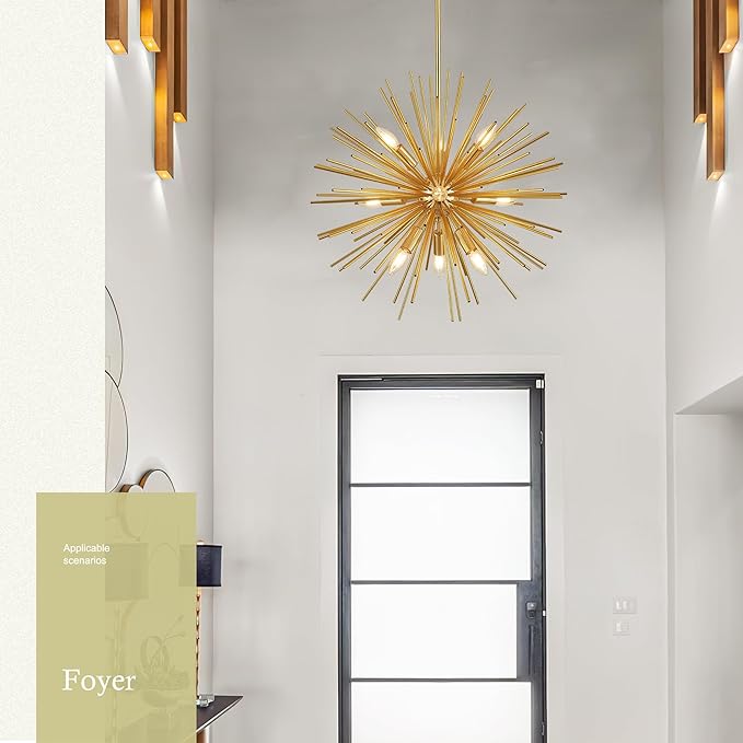 31.5" Gold Sputnik Chandelier 12-Light, Mid Century Modern Starburst Ceiling Light with Adjustable Chain, Industrial Globe Pendant Light Fixture for Dining Room Kitchen Island Living Room Foyer