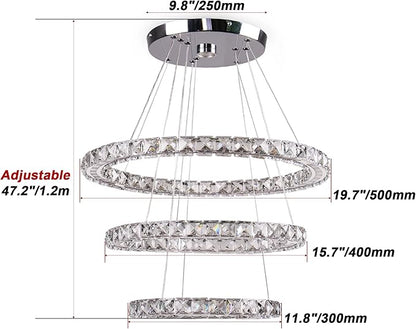 LED Chandeliers Modern Ceiling Light Fixture 3 Rings Adjustable Crystal Pendant Light Fixture Ceiling Hanging for Living Room Dining Room Bedrooms Hall 250mm Base 209 Crystals (Cool White)