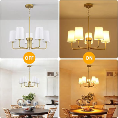 Modern Farmhouse Chandelier, 5-Light Gold Chandelier White Fabric Shade, Height Adjustable Industrial Pendant Light for Kitchen Over Table, 25‘’Dining Room Light Fixture for Living Room