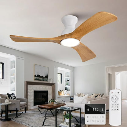 Flush Mount Ceiling Fans with Lights,42 inch,Remote Control,Wall Switch,Solid Wood Blades,Dimmable,Reversible Noiseless,Power Off Memory Modern Ceiling Fan Indoor/Outdoor for Bedroom Patios