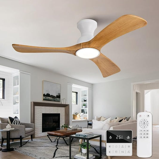 Flush Mount Ceiling Fans with Lights,42 inch,Remote Control,Wall Switch,Solid Wood Blades,Dimmable,Reversible Noiseless,Power Off Memory Modern Ceiling Fan Indoor/Outdoor for Bedroom Patios