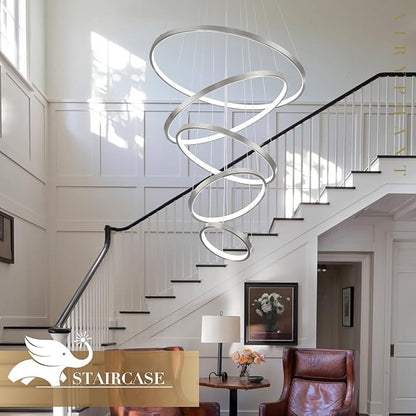 5 Rings Brushed Nickel Ring Chandeliers Moedrn LED Chandeliers Dimmable Foyer Chandelier for High Ceiling Dimmable Contemporary Nickel Chandelier for Living Room Staircase Entryway, 3000K-6500K