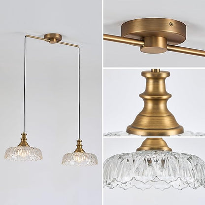 HDDFL Vintage Pendant Lighting Fixtures Modern Glass Hanging Lamp with Adjustable Cord for Kitchen Island Dining Room Hallway 2 Light Brass and Clear