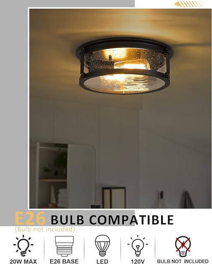 Black Flush Mount Ceiling Light, 2-Light Metal Cage Ceiling Light Fixture, Industrial Farmhouse Flush Mount Light with Seeded Glass Shade for Kitchen, Hallway, Bedroom (12 Inch)