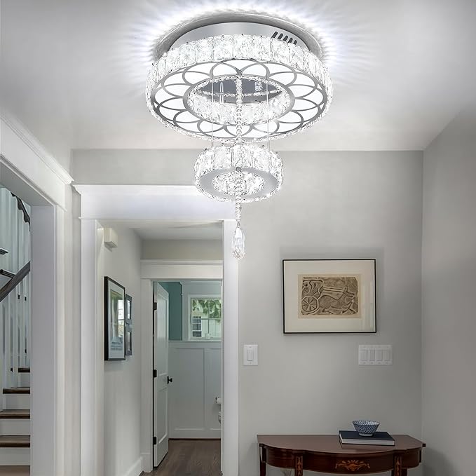 Flashing God Dia 12" Crystal Mini Chandelier Crystal Silver Ceiling Light Fixtures LED Flush Mount Ceiling Light for Living Room Bedrooms Dining Room Dimmable 2700k 4500k 6000k