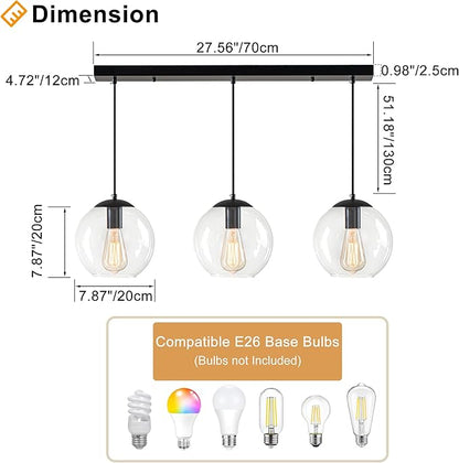 Globe Pendant Light, Modern Hanging Lighting Fixture, Classic Cluster Chandelier with Clear Glass Shades(Black, 3 Lights, 27.6 Inch)