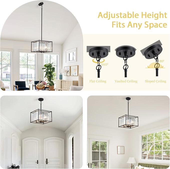 Square Small Crystal Chandeliers for Dining Room, 4-Light Black Pendant Ceiling Light Fixture 13" Mini Modern Farmhouse Adjustable Hanging Lamps for Bedroom Entryway Hallway