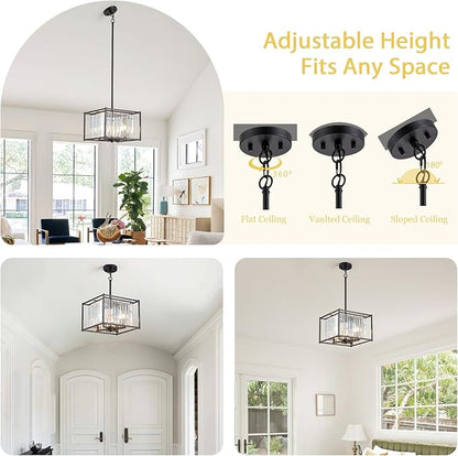 Square Small Crystal Chandeliers for Dining Room, 4-Light Black Pendant Ceiling Light Fixture 13" Mini Modern Farmhouse Adjustable Hanging Lamps for Bedroom Entryway Hallway