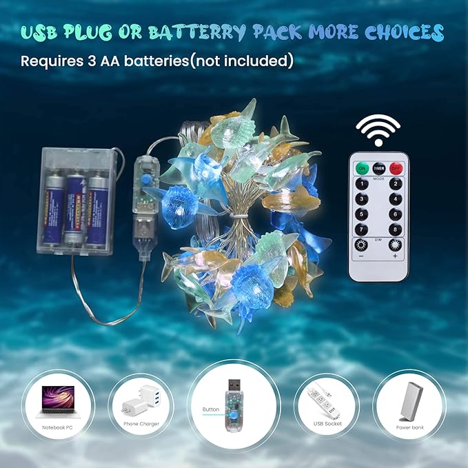Nautical theme Sea Life Decorative Fairy String Lights, Whale Shark, Sunfish, Manta Ray Cute Novelty Marine Lights 30 LEDs 10 ft USB or Battery Operated for Bedroom Classroom Beach Aquarium Wall Decor