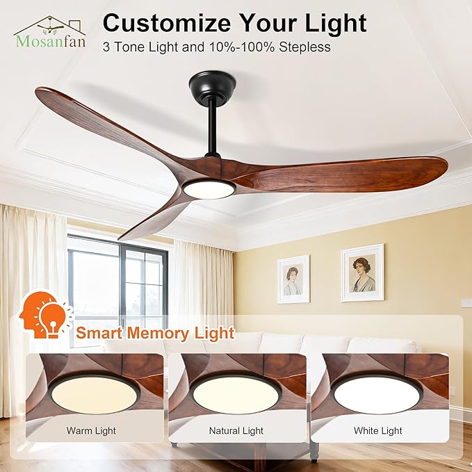 52 Inch Ceiling Fans with Lights and Remote, Wood Outdoor Ceiling Fan with 6 Speed Noiseless DC Motor, Indoor Modern 3 Blade Propeller Ceiling Fan for Bedroom Living Room Gazebo Patio(Walnut)