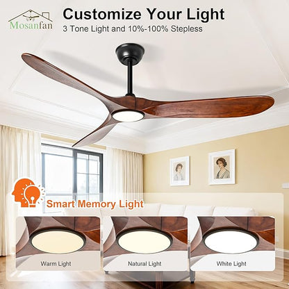 72 Inch Ceiling Fans with Lights and Remote, Wood Outdoor Ceiling Fan with 6 Speed Noiseless DC Motor, Indoor Modern 3 Blade Propeller Ceiling Fan for Bedroom Living Room Gazebo Patio(Walnut)