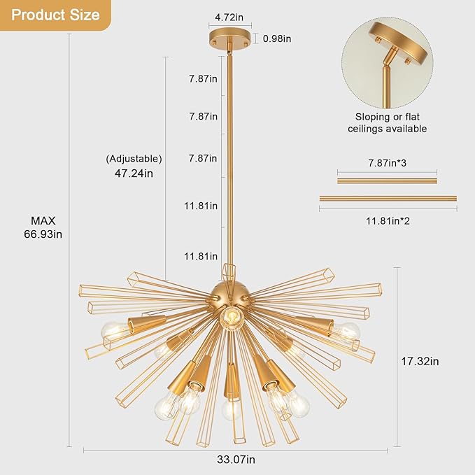Modern 33'' Gold Sputnik Chandelier, 10-Light Mid Century Brushed Brass Starburst Chandelier Light Fixture, Large Pendant Lighting for Kitchen Dining Room Bedroom Foyer Sloped Ceiling Compatible