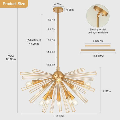 Modern 33'' Gold Sputnik Chandelier, 10-Light Mid Century Brushed Brass Starburst Chandelier Light Fixture, Large Pendant Lighting for Kitchen Dining Room Bedroom Foyer Sloped Ceiling Compatible