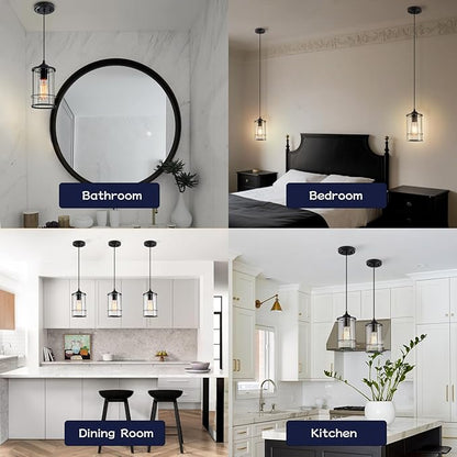 AKEZON Pendant Lights, Black Hanging Light Fixtures Kitchen Island 2 Pack with Clear Glass, Modern Industrial Cage Pendant Lighting for Kitchen Dining Room Entryway Bathroom