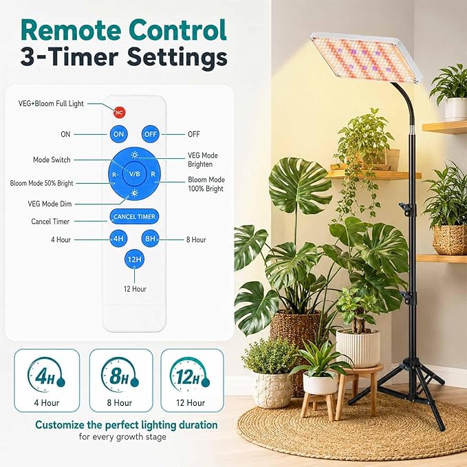 Upgrade LED Grow Lights with Stand, Full Spectrum Dimmable Grow Light with Remote Control for Greenhouse and Indoor Plant Veg and Flower Growing [Floor Stand]