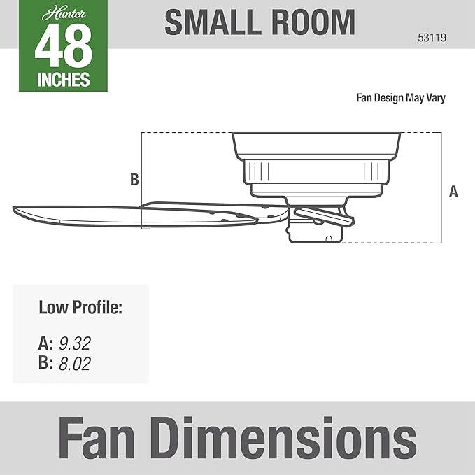 Hunter 48 inch Outdoor or Indoor Ceiling Fan No Light - Low Profile Flush Mount, White Ceiling Fan without Light, For Patio, Porch, Garage, or Living Room, 5 Blades, Pull Chain - Sea Wind 53119, White