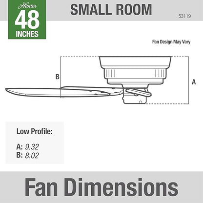 Hunter 48 inch Outdoor or Indoor Ceiling Fan No Light - Low Profile Flush Mount, White Ceiling Fan without Light, For Patio, Porch, Garage, or Living Room, 5 Blades, Pull Chain - Sea Wind 53119, White