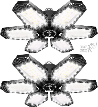 TANBABY 2 Pack LED Garage Lights with Motion Sensor, 150W Deformable Garage Light Bulb, Total 30000LM 6500K Daylight, 6 Adjustable Panels, E26/E27 Screw-in Ceiling Light for Basement, Gift for Men