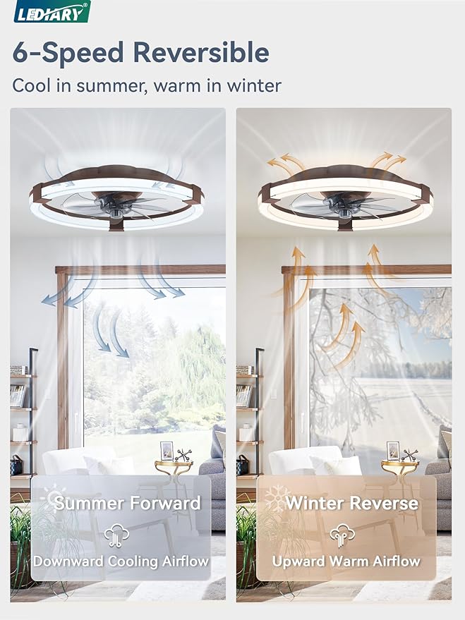 LEDIARY Ceiling Fans with Lights, 19.7 Inch Low Profile Ceiling Fan with Remote, 6 Speeds, Reversible, Dimmable Flush Mount Fan Light, Modern Fandelier Ceiling Fan with Lights for Bedroom, Brown