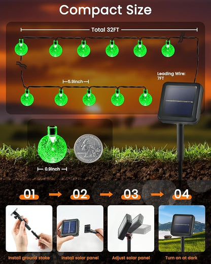 2-Pack 100 LED Green Solar String Lights Outdoor - 64FT Crystal Globe Waterproof Solar Powered Lights for Outside with 8 Lighting Modes for Patio Decorations, Garden, Party, Porch, Wedding, Yard
