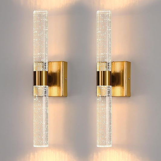 DORESshop Modern Wall Sconces Set of Two, 3CCT Crystal Bathroom Sconces Wall Light, Gold Vanity Light Fixture, Sconce Wall Decor Set of 2, Wall Lights for Bedroom, Living Room, Hallway 18in