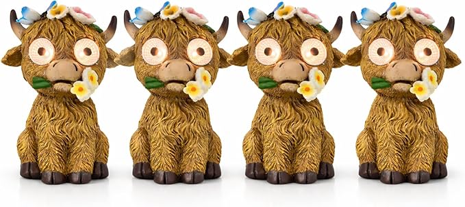 iStatue Solar Highland Cow Garden Statue with LED Light – Cute Resin Cow Figurine Outdoor Yard Decor, Waterproof Lawn Ornament, Gift for Women Mom Garden Lovers (4-Pack)