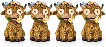 iStatue Solar Highland Cow Garden Statue with LED Light – Cute Resin Cow Figurine Outdoor Yard Decor, Waterproof Lawn Ornament, Gift for Women Mom Garden Lovers (4-Pack)
