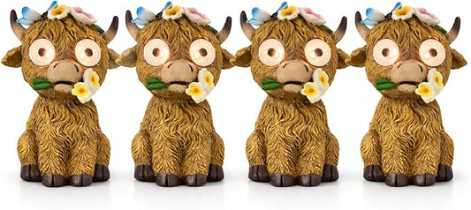 iStatue Solar Highland Cow Garden Statue with LED Light – Cute Resin Cow Figurine Outdoor Yard Decor, Waterproof Lawn Ornament, Gift for Women Mom Garden Lovers (4-Pack)