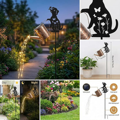 Solar Watering Can with Metal Cat and Dog Figures, Hanging Garden Decoration, Outdoor Garden Gift for Women (Dog+Cat Watering Can Lights)