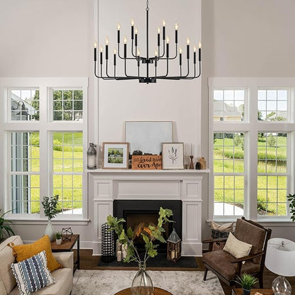 Black Chandeliers for Dining Room Light Fixture Over Table, Modern Farmhouse Chandeliers for Living Room,18-Lights Industrial Metal 2-Tier Candle Lighting Fixtures for Entryway Kitchen Island Foyer