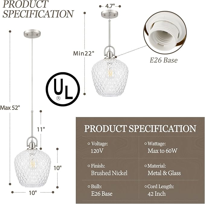 Large Glass Pendant Lights Kitchen Island, 10" 1-Light Brushed Nickel Pendant Light Fixtures with Clear Hammered Glass, Modern Hanging Light for Kitchen Island Dining Room Entryway Foyer